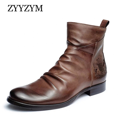 ZYYZYM-Botas De cuero con cremallera para Hombre, botines con insignias con estilo Retro bordado, para otoño, 2022 ► Foto 1/6