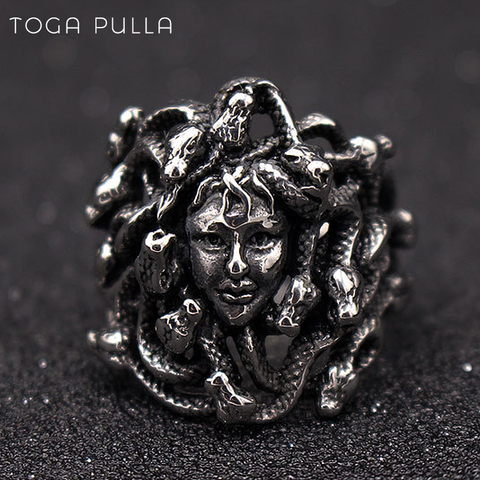 La mitología griega antigua Medusa anillo de las mujeres de los hombres de plata de acero inoxidable de Color gótico pelo de serpiente Gorgona anillo joyería para motero Punk ► Foto 1/6