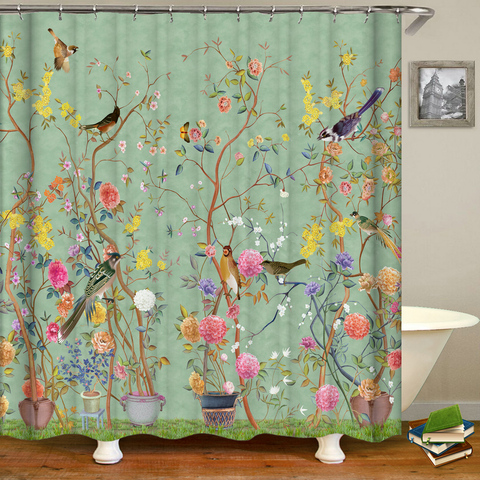 Cortinas de ducha de estilo chino, decoración de baño impermeable con ganchos, estampado 3d de flores y pájaros, árbol ► Foto 1/6