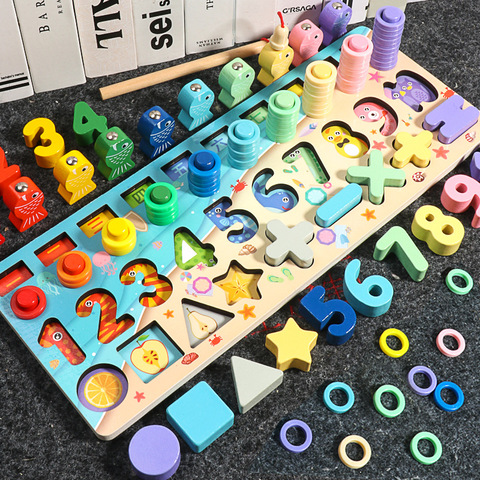 Rompecabezas de madera Montessori para niños, tablero de matemáticas multifunción, aprender a contar números, figuras geométricas a juego, juguetes de regalo ► Foto 1/6