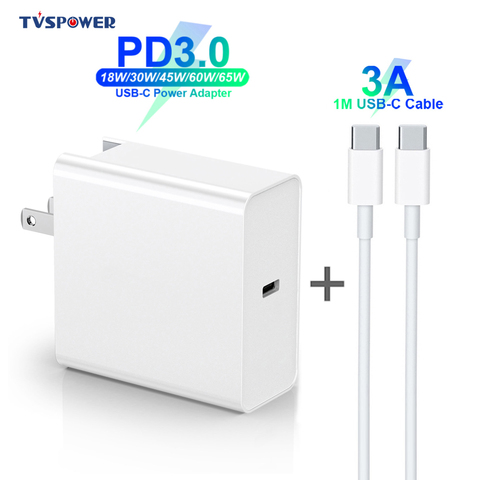 Adaptador de corriente de USB-C, Cable PD/QC3.0 de 65W, 60W, 45W, 30W, 18W, para MacBook, Xiaomi, Huawei, iPhone/iPad Pro s9/10 con cable de C-C ► Foto 1/6