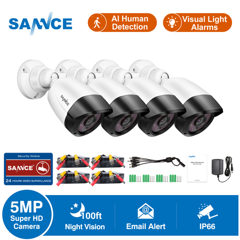 SANNCE-cámara de seguridad CCTV, Kit de videovigilancia Super HD de 5MP, visión nocturna, IA, detección humana, impermeable, IP66, 4 Uds. ► Foto 1/6