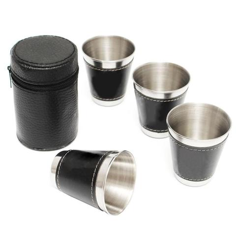 Tazas + 1 caja de cuero de acero inoxidable para vino, caja de piel sintética para viaje, termo, accesorios para acampar, 4 Uds. ► Foto 1/5