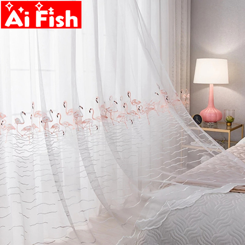 Flamenco rosa bordado de encaje tul cortinas para sala de estar, gasa de cisne gris para dormitorio, ventana, Panel transparente, MY219 #30 ► Foto 1/6