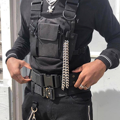 Bolso de la cintura del pecho para hombre, chaleco negro ajustable de pecho de Hip Hop, arnés táctico, bolsa de aparejo con bolsillos de nailon, XA141M ► Foto 1/6