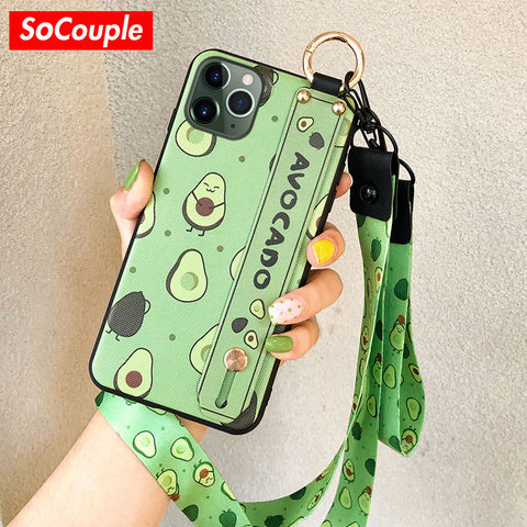 SoCouple-funda con soporte de teléfono para iphone XR, X, Xs, 11, 12 Pro, Max, SE, 7, 8, 6s plus, fruta, aguacate, TPU suave, correa para el cuello, funda con cordón ► Foto 1/6