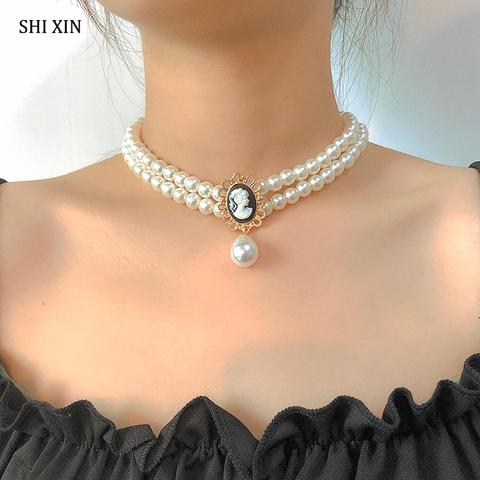 Collar de gargantilla de perlas cortas en capas de SHIXIN para mujer, Collar de cuentas blancas, joyería de boda en el cuello, gargantilla de perlas para mujer, regalos ► Foto 1/6