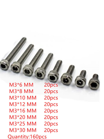 160 Unid M3 tornillos de acero inoxidable Allen cabeza hexagonal tornillo fijación M3 * 6mm/8mm/10mm/12mm/16mm/20mm/25mm/30mm ► Foto 1/1