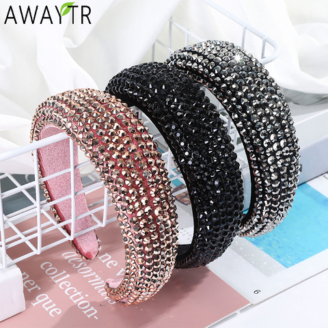 AWAYTR nueva de la diademas de cristal para las mujeres elástica ancha cintas barroco Tiara de diamantes accesorios para el pelo tocado ► Foto 1/6