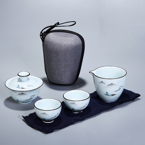 Kungfú chino té de cerámica taza de té portátil juego de tazas de té Gaiwan de la ceremonia del té taza de té Buen regalo con bolsa de viaje ► Foto 1/6