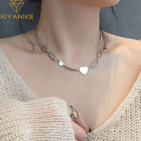 XIYANIKE de Plata de Ley 925 de moda corazón amor Simple Collar para mujeres Vintage de plata tailandesa cadena corta de clavícula joyería de fiesta ► Foto 1/4