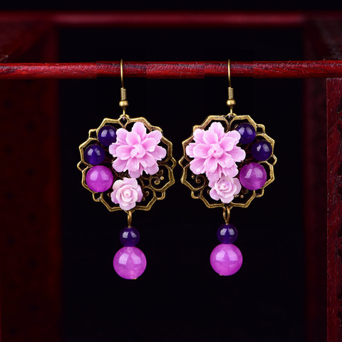 Pendientes de estilo étnico Retro para mujer, aretes de aleación de Color bronce, con flores sintéticas, violeta, regalo de joyas de fiesta clásico ► Foto 1/6