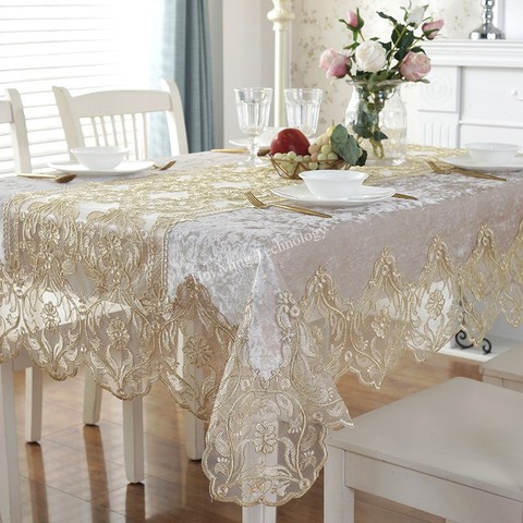 Mantel bordado de lujo para mesa de comedor, tela de terciopelo dorado con encaje de flores doradas, para mueble de TV, Europa HM1868 ► Foto 1/5