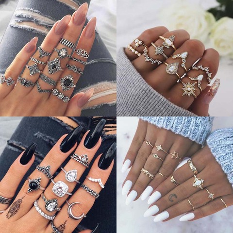 Conjunto de anillos de dedo bohemio Vintage para mujer, anillo de cristal de serpiente de loto y Luna, joyería para fiesta y boda, accesorios ► Foto 1/6