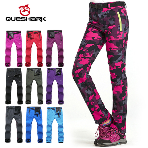 Queshark-pantalones de ciclismo para mujer, ropa de lana cálida, de camuflaje, para escalar, térmica, a prueba de viento, para esquí, Invierno ► Foto 1/6