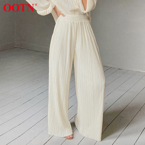 OOTN-pantalones de pierna de ancho plisado para mujer, pantalón elegante, informal, Palazzo, elástico, de cintura alta, fruncido, de gran tamaño, color caqui ► Foto 1/6