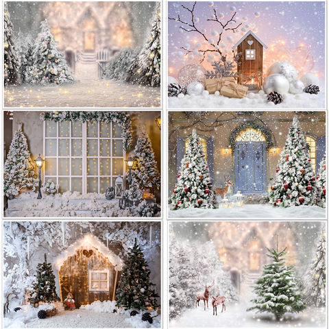 Fondo fotográfico de copos de nieve para estudio fotográfico, telón de fondo con ventana de Navidad y nieve para decoración de casa de madera ► Foto 1/6