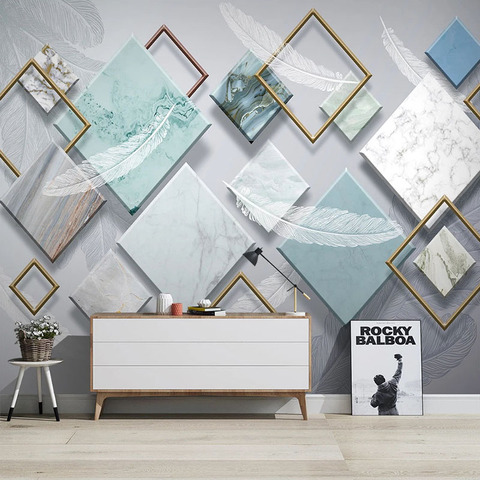 Papel tapiz de Mural personalizado, moderno, blanco geométrico, pluma, Fresco, sala de estar, TV, sofá, dormitorio, decoración de pared para el hogar, pintura, 3 D ► Foto 1/6