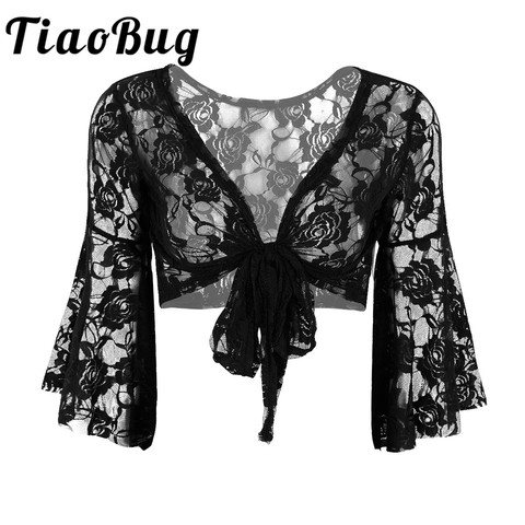 Elegante mujer blanco y negro 2022 de encaje de boda de fiesta mangas largas anchas Bolero chaqueta encogiéndose para Formal de noche del baile de graduación ► Foto 1/6