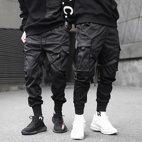 Pantalones Cargo con cintas negras para hombre, pantalón de chándal Harajuku, estilo Hip Hop, informal, multibolsillos, 2022 ► Foto 1/6