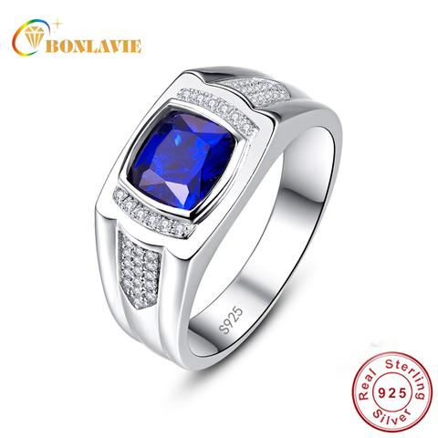 BONLAVIE clásico Azul zafiro anillo de boda para hombres genuino 925 plata esterlina piedra Natual anillos Hombre Suena con caja de regalo ► Foto 1/6