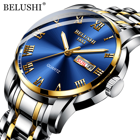 BELUSHI-relojes de lujo para hombre, luminoso, resistente al agua, de acero inoxidable, reloj de pulsera de cuarzo con fecha, reloj de negocios ► Foto 1/6