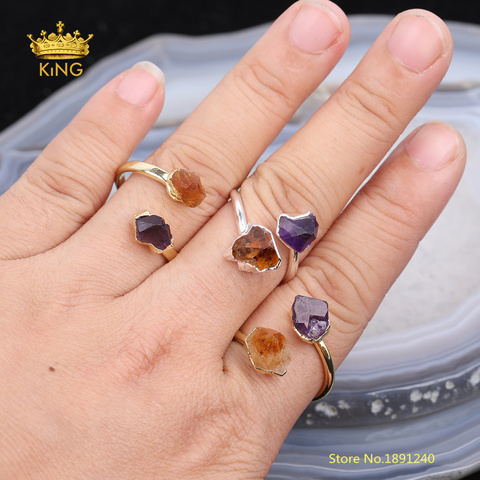 Anillos de cuarzo facetados para mujer, joyería, cuentas de cristal de cuarzo crudo Natural a granel, anillo de cobre de doble círculo, regalos de cumpleaños, 5 uds. ► Foto 1/5