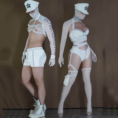 Trajes de baile de Gogo para hombre y mujer, conjunto de vendaje con estampado blanco, mameluco elástico, ropa para club nocturno, DJ, Stgae, trajes de Festival, DQS5022 ► Foto 1/6