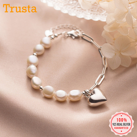 Trustdavis-pulsera con cadena y corazón de perlas barrocas para mujer, de Plata de Ley 925 de lujo, joyería de boda, DA804 ► Foto 1/6