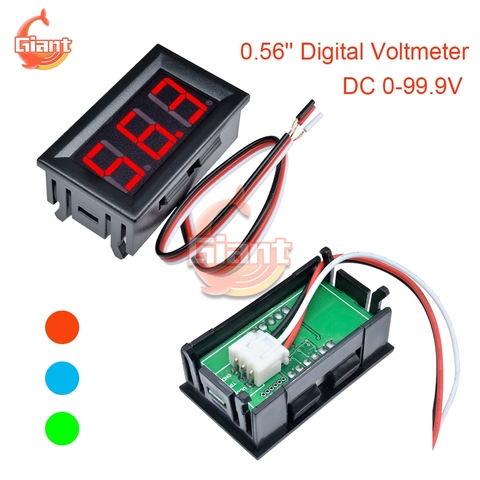 Voltímetro Digital de 0,56 pulgadas para coche, medidor de voltaje de CC 0-99,9 V, CC 4,5-30V, pantalla LED roja, verde y azul, 3 indicadores de voltaje de cable ► Foto 1/6