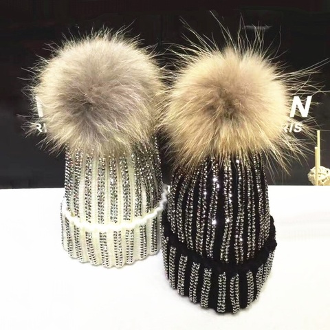 Gorros de punto con pompón de piel para mujer, gorros tejidos a mano con rayas y diamantes de imitación, gorrito con bola de piel de 15cm, invierno cálido, KNB013 ► Foto 1/6