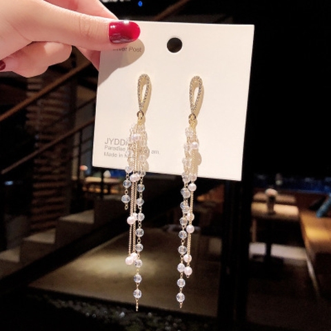 Pendientes de estilo bohemio para mujer, aretes largos con borlas de perlas de cristal, colgante geométrico exagerado, joyería de moda, regalo ► Foto 1/6