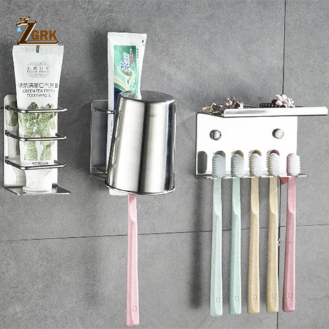 ZGRK-soporte de cepillo de dientes de acero inoxidable montado en la pared, estante de almacenamiento para el baño, estante multiusos para pasta dental, accesorios de baño ► Foto 1/6