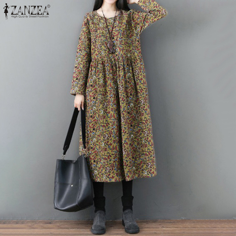 ZANZEA-Vestido Midi estampado Floral para mujer, de primavera, bohemio, Vintage, de manga larga, de algodón y lino, Vestido Retro informal ► Foto 1/6