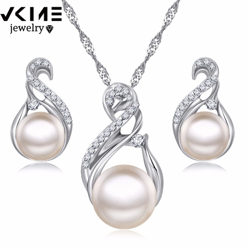 VKME conjuntos de joyas de moda pendientes de Color plata de boda conjunto de joyas de perlas de imitación conjunto de collar de mujeres Bijoux collier brincos ► Foto 1/6