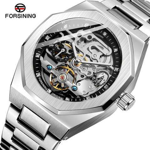 Forsining-Reloj de acero inoxidable para hombre, reloj mecánico transparente con esqueleto de plata y Diamante dorado, luminoso, deportivo, de negocios ► Foto 1/1