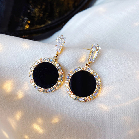 Pendientes redondos de diamantes de imitación para mujer, joyería de moda, temperamento simple y versátil, color negro, versión coreana, novedad ► Foto 1/5