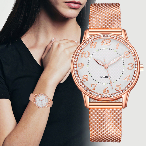 Zegarek Damski-relojes de lujo para mujer, pulsera de malla, oro rosa, cristal incrustado, moda femenina, nuevo ► Foto 1/6