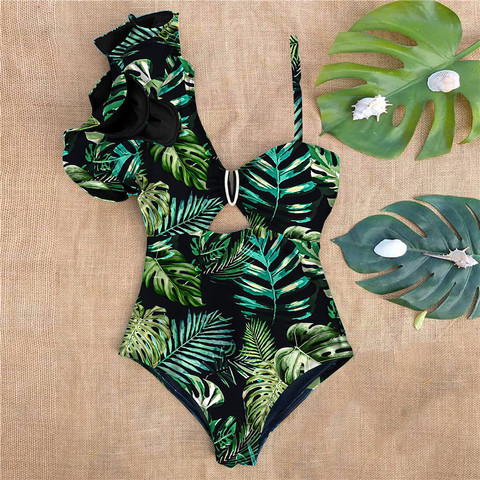 Bañador con volantes de un hombro para mujer, traje de baño Sexy con estampado Floral, Monokini para playa ► Foto 1/6