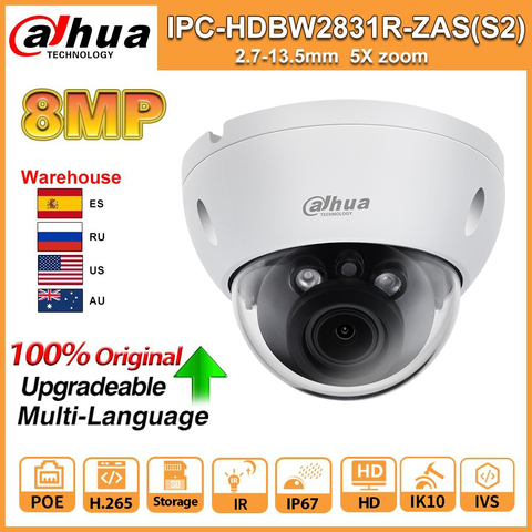 Dahua-cámara IP de red Original, 8MP, 4K, IPC-HDBW2831R-ZAS-S2, IR, 40m, H.265, IP67, IK10, Camara a prueba de vandalismo, alarma, tarjeta SD, IVS ► Foto 1/5