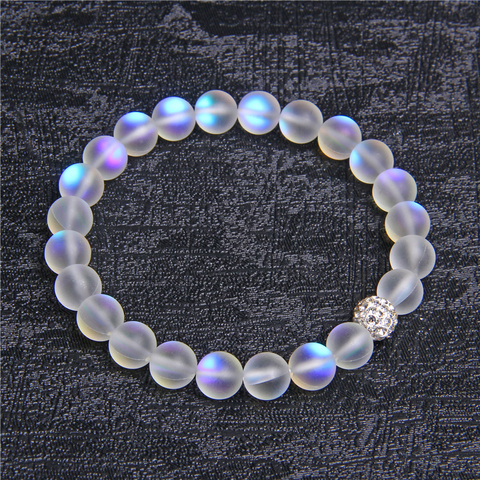 Pulsera con cuentas de piedra lunar de 8mm para mujer y hombre, abalorio de cuentas de piedra brillante para Yoga, chacra, pulsera hecha a mano, joyería ► Foto 1/6