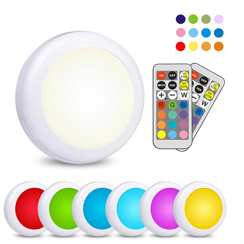 Luz LED para armario RGB lámpara de Puck de Control remoto alimentado por batería regulable cocina bajo del armario del Gabinete de luz nocturna Multicolor ► Foto 1/6