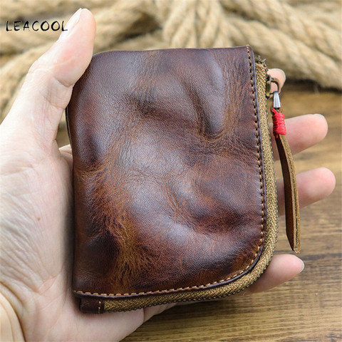 LEACOOL-monedero de cuero genuino para hombre y mujer, cartera Vintage hecha a mano, Mini tarjetero pequeño, con cremallera ► Foto 1/6