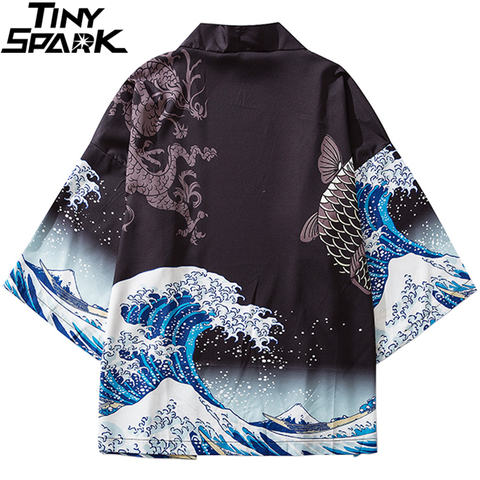 2022 Harajuku Kimono chaqueta japonesa Kanagawa gran onda Hip Hop para hombre Streetwear chaqueta dragón Koi Fish Thin Gown estilo japonés ► Foto 1/6