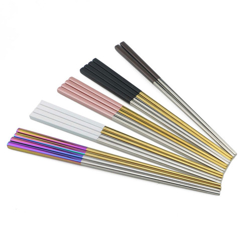 Palillos chinos cuadrados de acero inoxidable 23,5, palillos coloridos reutilizables de Sushi, de oro rosa, japonés, 304 cm, 1 par ► Foto 1/6