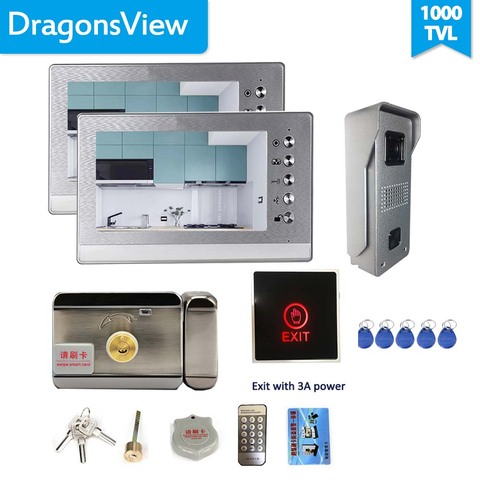 Dragonsview-Teléfono de puerta de vídeo de 7 pulgadas con cerradura eléctrica, botón de salida, videoportero, sistema de cámara, 2 monitores, desbloqueo de conversación ► Foto 1/5