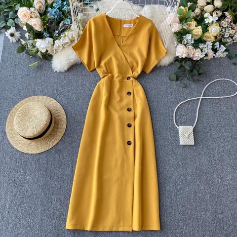 2022 Vintage Slim V cuello botón Vestidos verano Vestido largo por debajo De la rodilla Vestido De fiesta De noche para mujeres Casual elegante Vestidos ► Foto 1/6