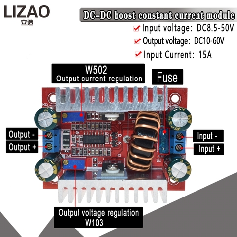 Fuente de alimentación de corriente constante, convertidor de aumento de 15A, CC de 400W, controlador LED de 8,5-50V a 10-60V, módulo de aumento de cargador de voltaje ► Foto 1/6