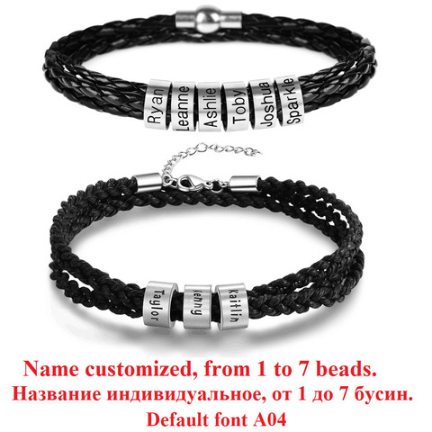 LIKGREAT-pulsera de cuero personalizable con nombre y letras para hombre y mujer, pulsera de cuerda trenzada con cuentas de acero inoxidable ► Foto 1/6