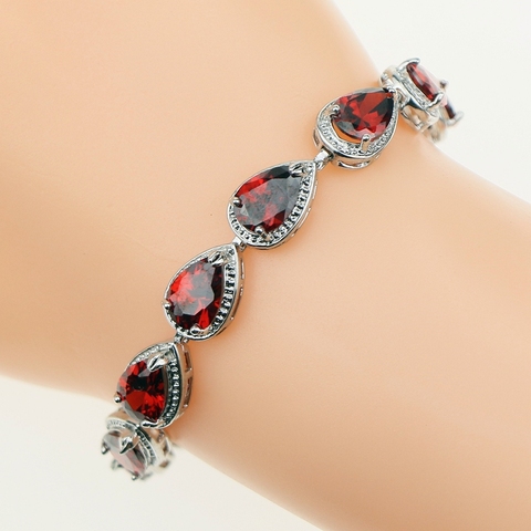 Pulsera de cadena de eslabones para mujer, joyería de plata de ley 925, gota de agua, granate rojo, 18cm, 21cm de longitud, caja de regalo gratis ► Foto 1/5